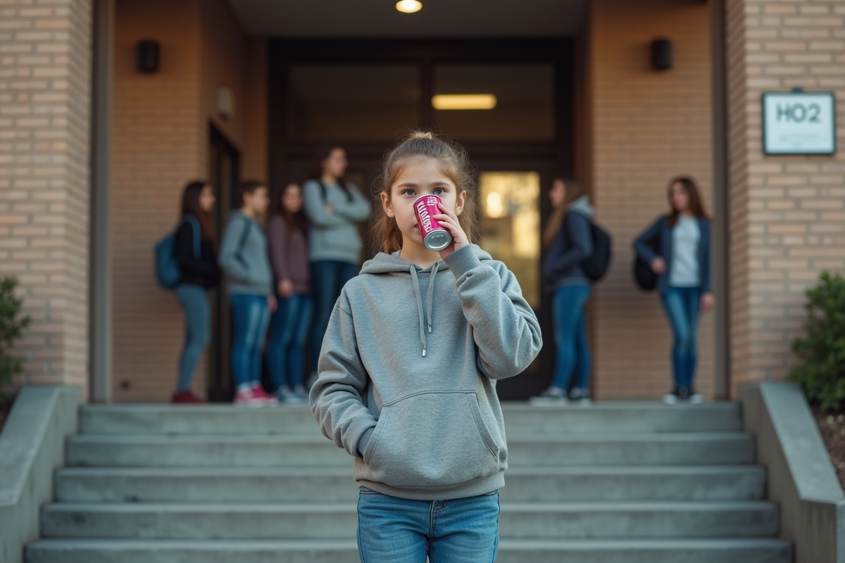 Fille adolescente buvant une boisson énergisante devant l école