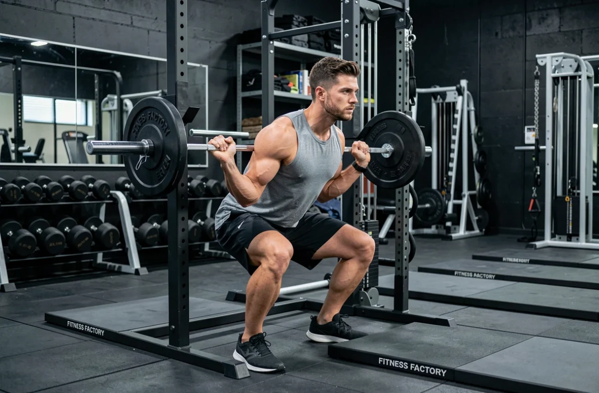 Athlète masculin effectuant un squat barre dans la salle Fitness Factory, gym de musculation au style industriel