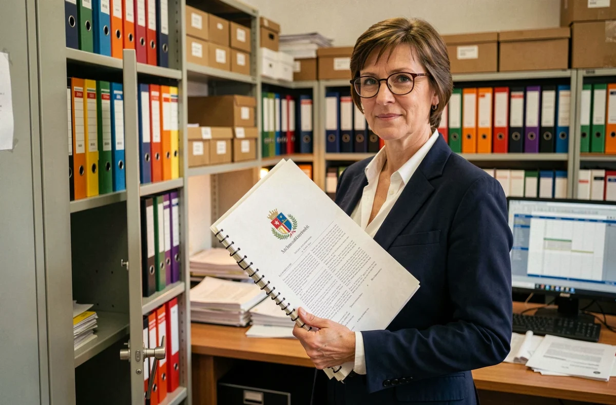 Fonctionnaire du district de Haute-Saône consultant un dossier administratif lié aux procédures de montées et descentes de compétences