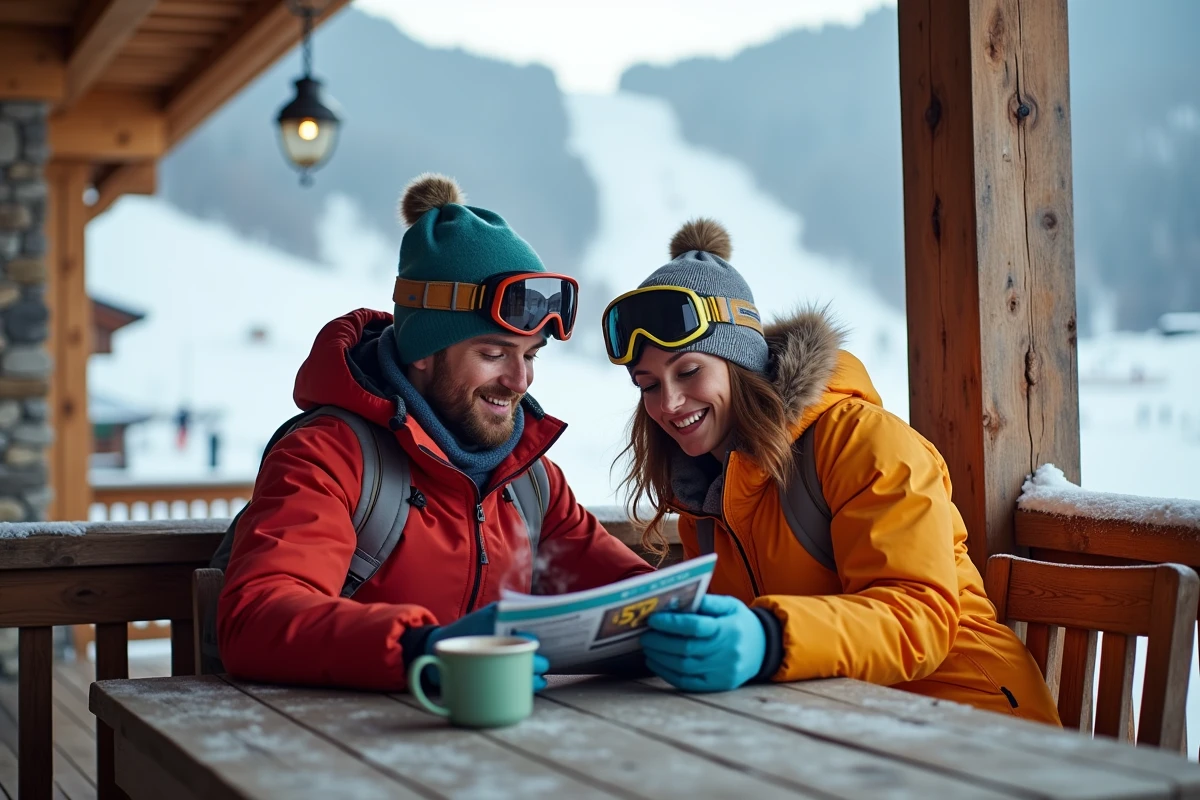 Couple consultant les tarifs des forfaits de ski à Tignes en terrasse de chalet alpin