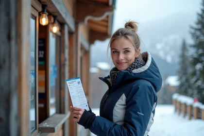 Skieuse tenant son forfait de ski à Tignes en basse saison pour profiter des meilleurs tarifs