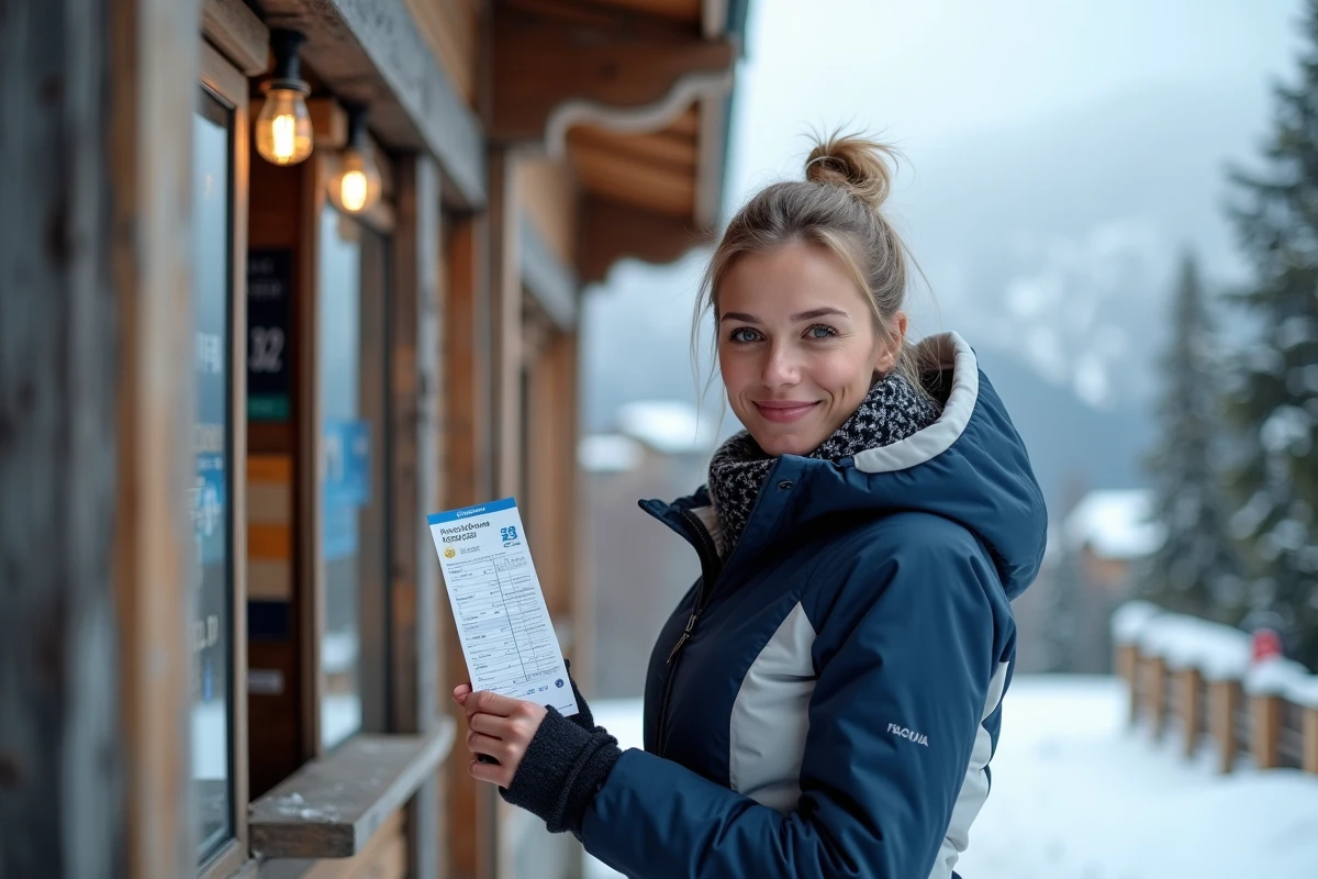 Skieuse tenant son forfait de ski à Tignes en basse saison pour profiter des meilleurs tarifs