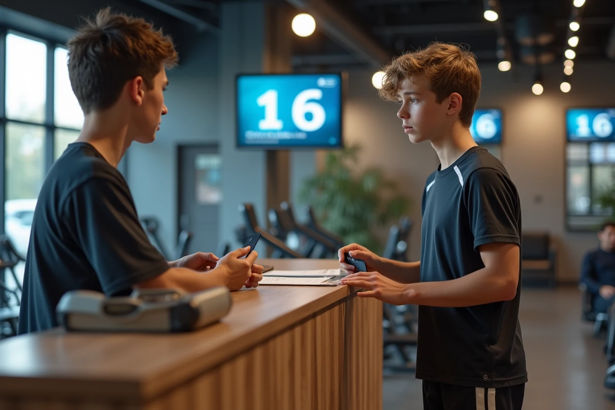 Un garçon de 16 ans parle à la reception du gym