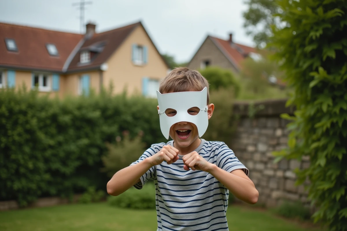 Jeune garçon mimant un geste de lutte dans un jardin