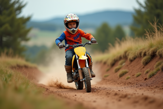 Jeune garçon en motocross sur sentier en nature