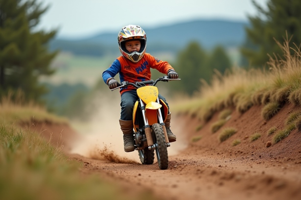Jeune garçon en motocross sur sentier en nature