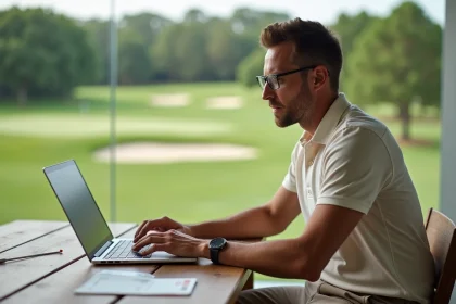 Golfeur consultant un blog de stratégie de parcours sur son ordinateur portable depuis la terrasse d'un club de golf