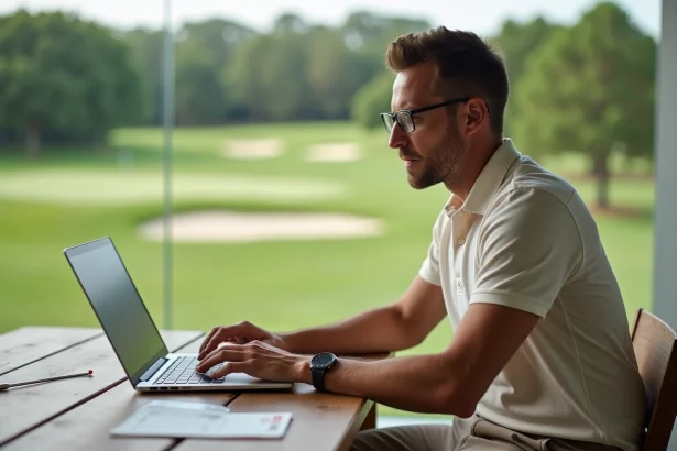 Golfeur consultant un blog de stratégie de parcours sur son ordinateur portable depuis la terrasse d'un club de golf
