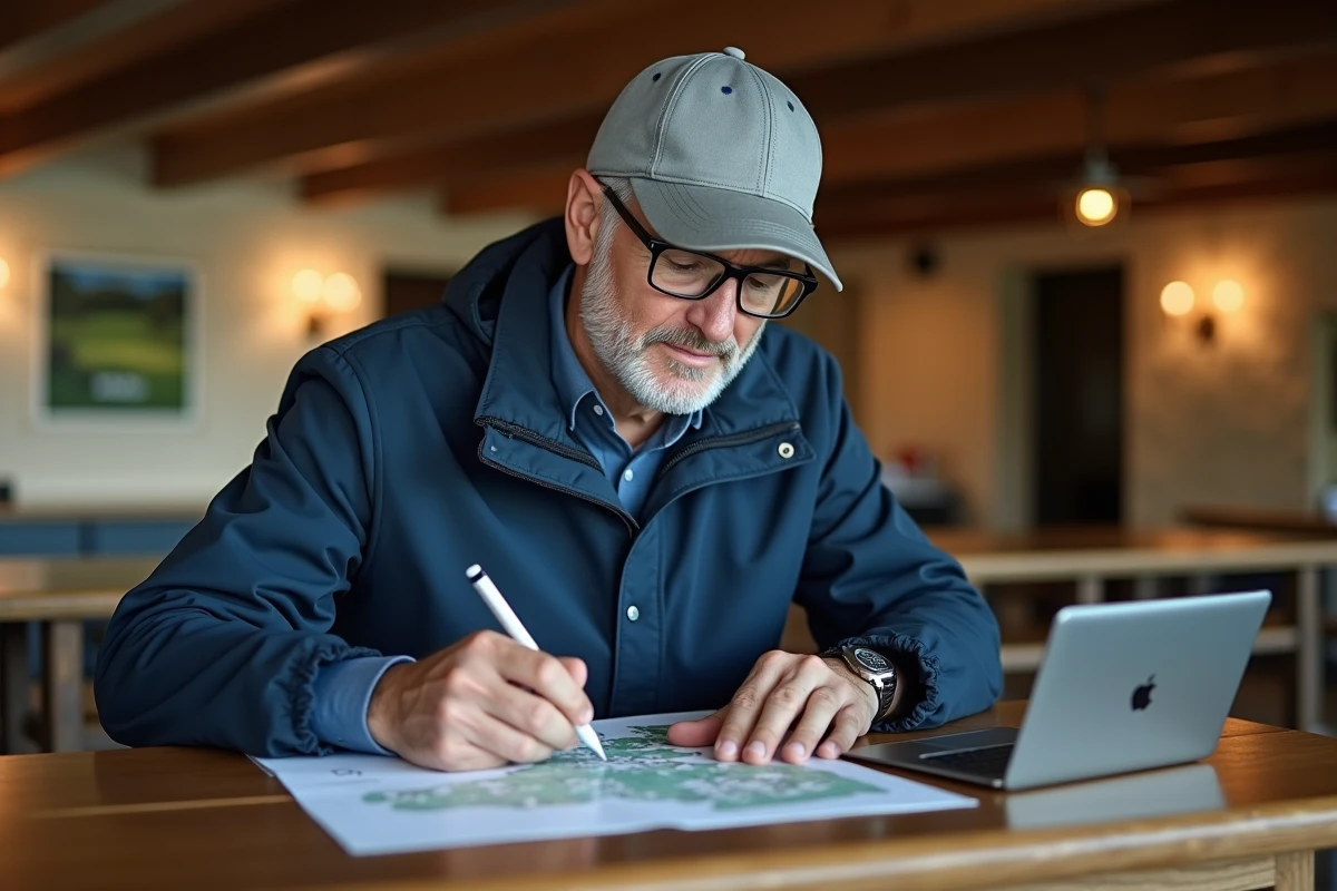 Golfeur senior annotant un plan de parcours dans un clubhouse en s'aidant d'un blog de stratégie de golf