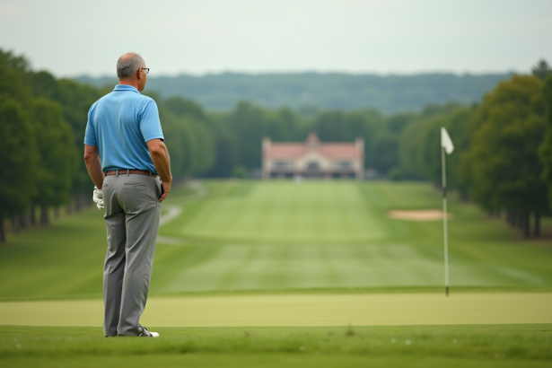 Golfeur d'âge moyen observant un green difficile sur un parcours