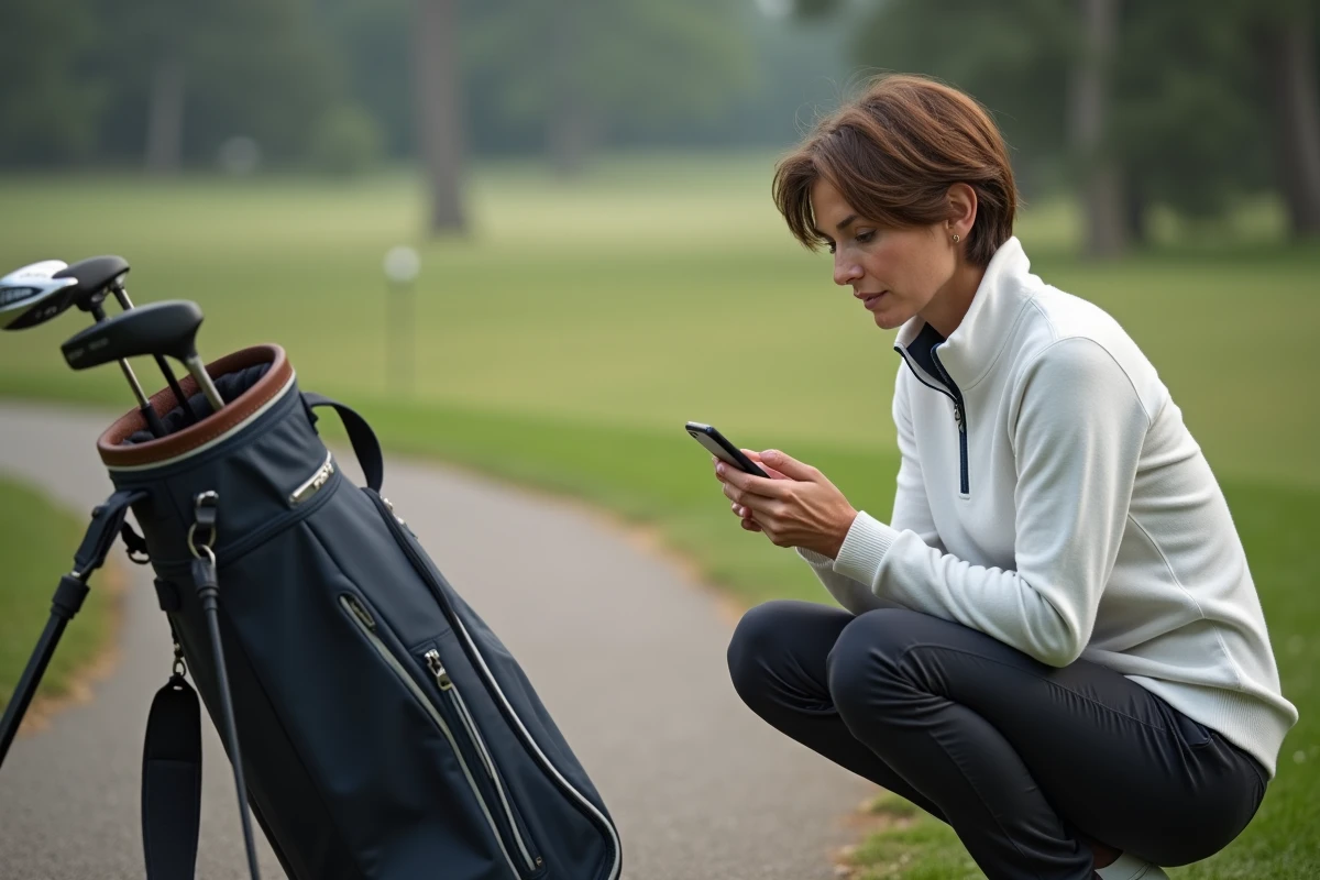 Golfeuse consultant un blog de golf sur smartphone entre deux trous sur le parcours