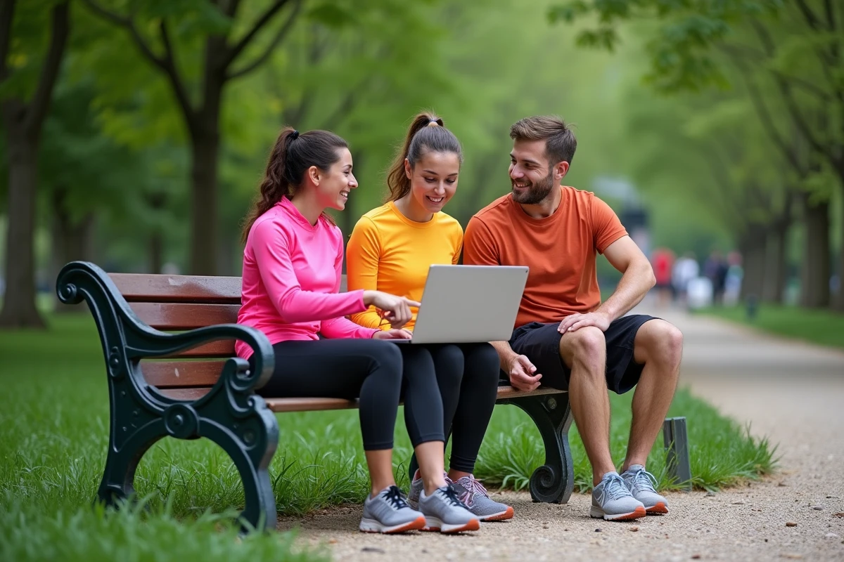 Groupe de coureurs discutant des tarifs du Marathon de Paris autour d'un ordinateur dans un parc