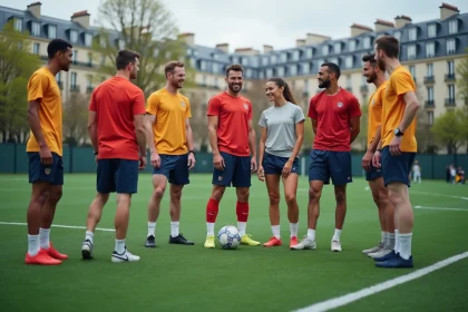 Groupe de jeunes joueurs de football à Paris en extérieur