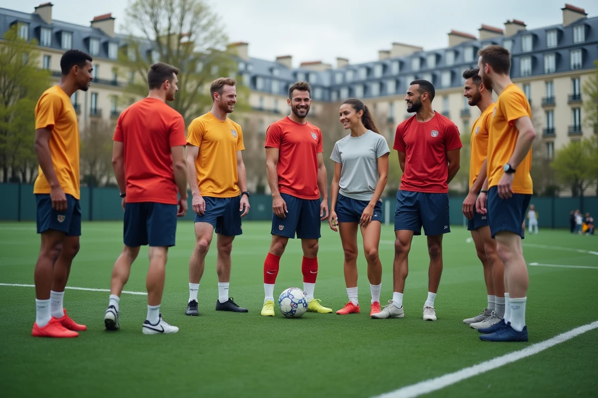 Groupe de jeunes joueurs de football à Paris en extérieur