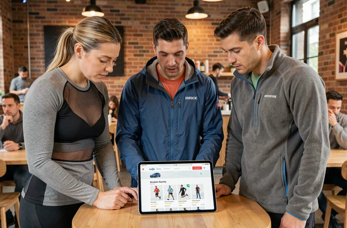 Groupe de sportifs consultant les avis et les marques disponibles sur Deporvillage depuis un café urbain