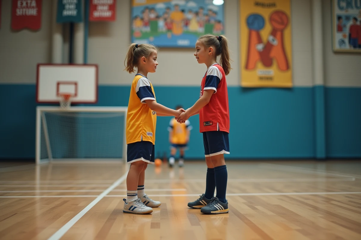 Jeune fille et garçon se serrant la main après match intérieur
