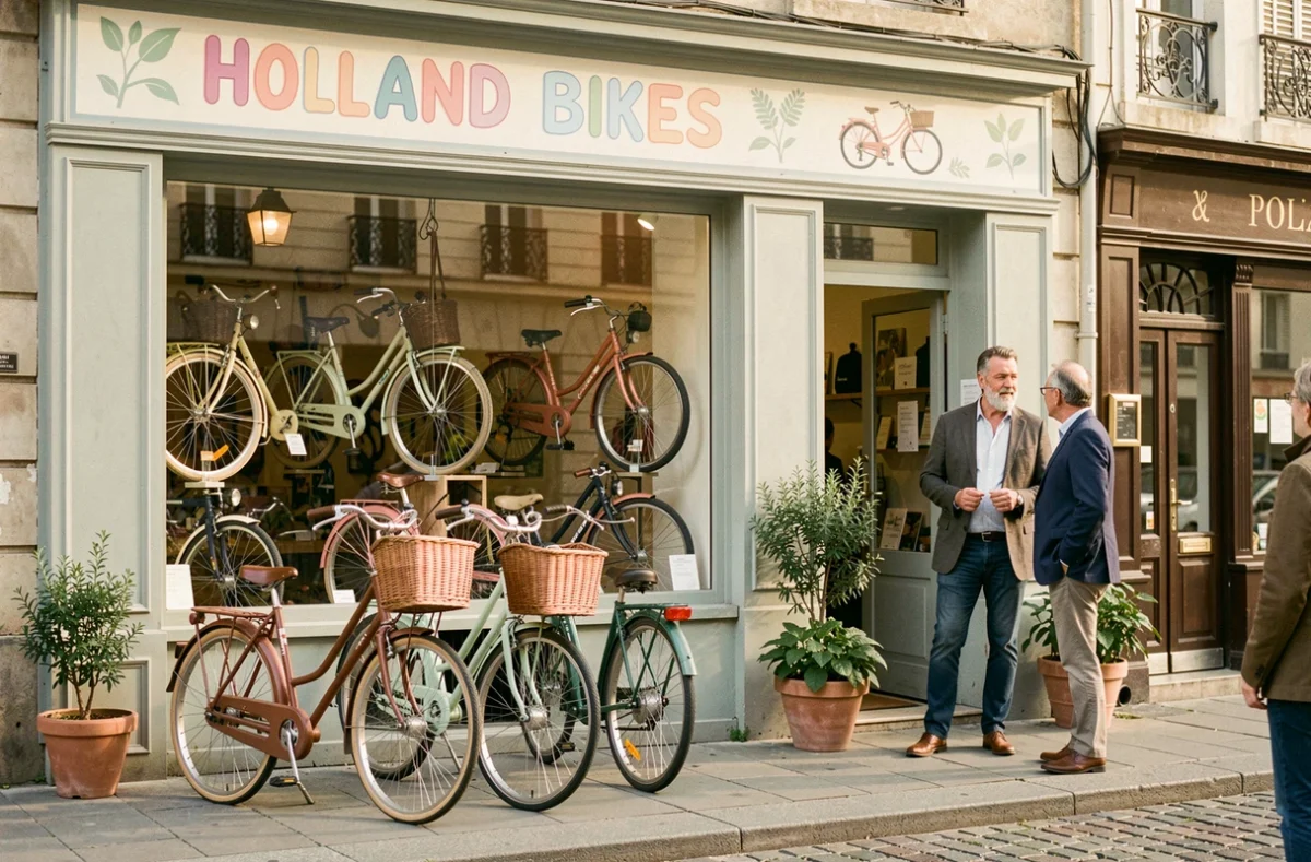 Devanture de Holland Bikes Toulouse présentant des vélos hollandais urbains classiques, avec le propriétaire discutant avec un client à l'entrée du magasin