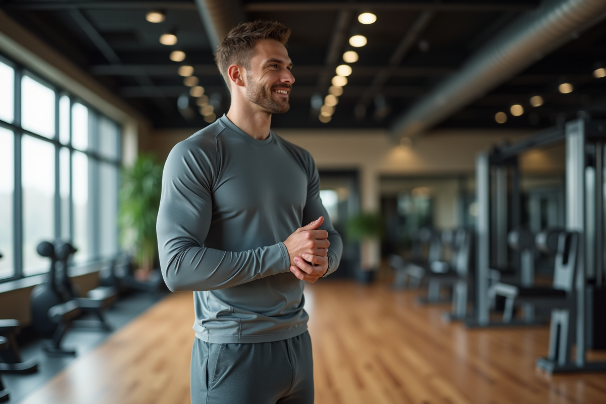 Jeune homme ajustant sa tenue de sport dans une salle de sport