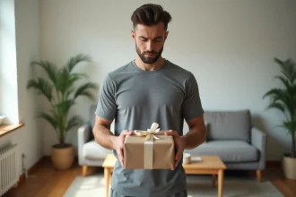 Homme en tenue sportive déballant un cadeau dans un salon minimaliste