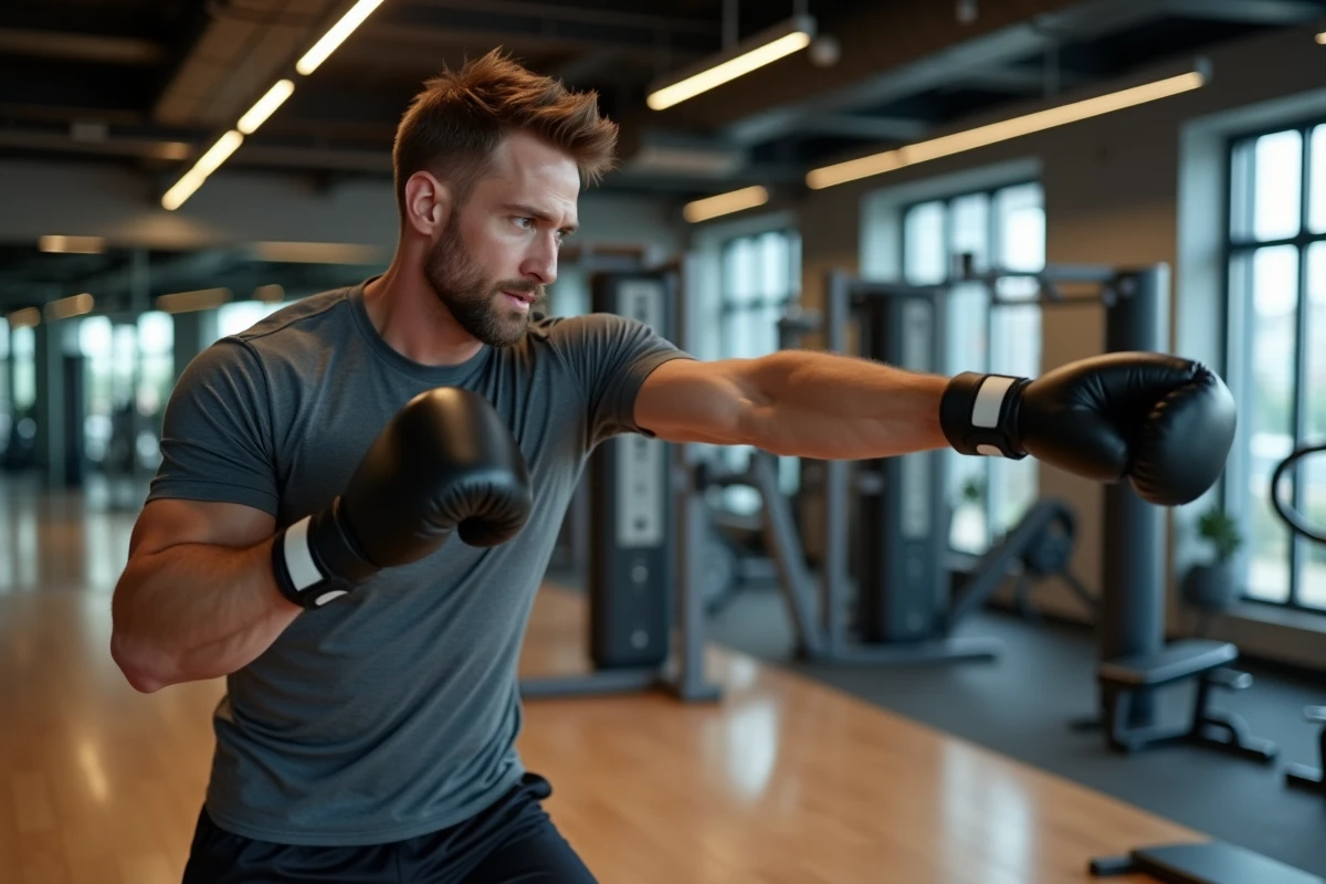 Homme en action boxant dans une salle de sport moderne