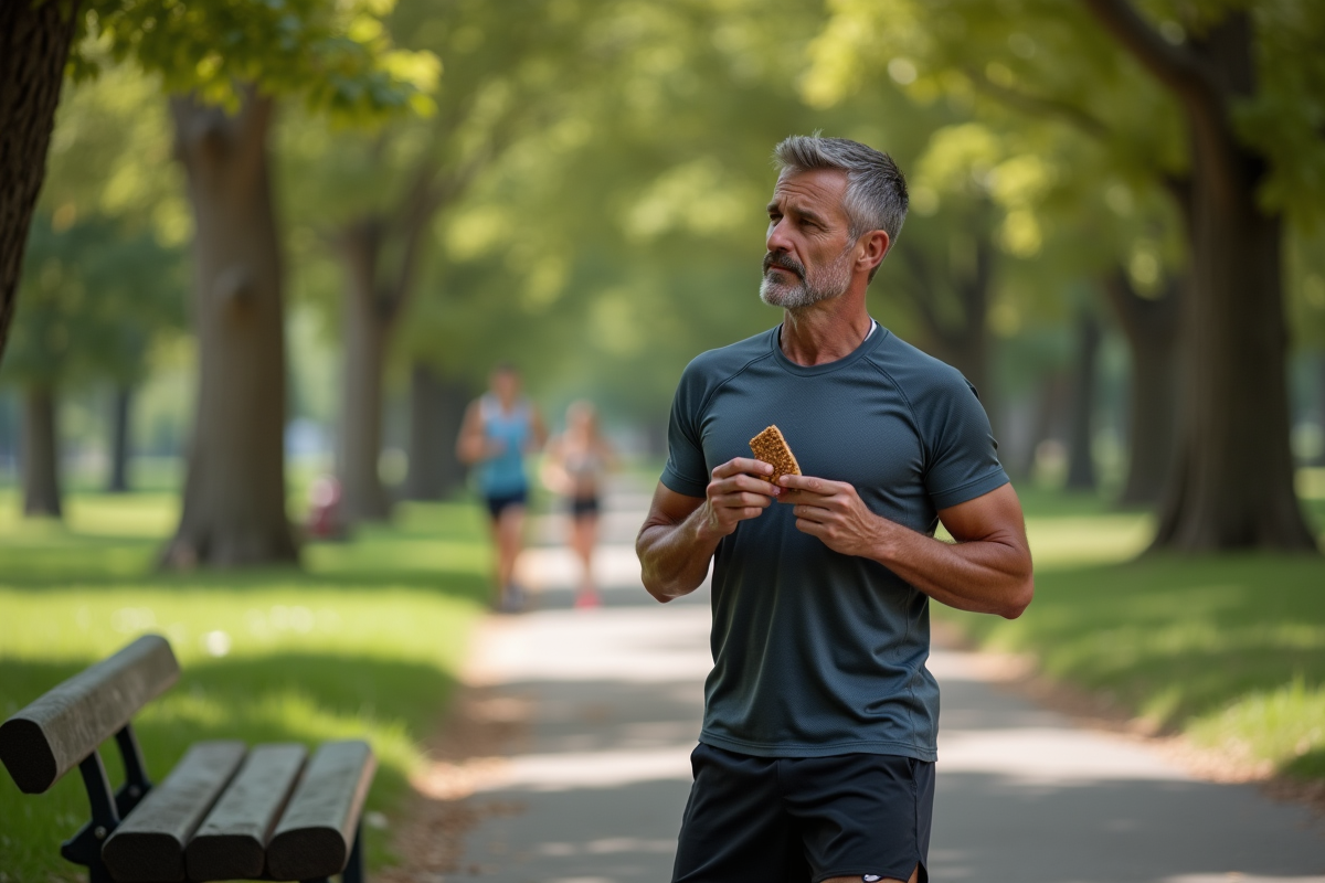 Homme en tenue de course préparant une barre énergétique dans un parc