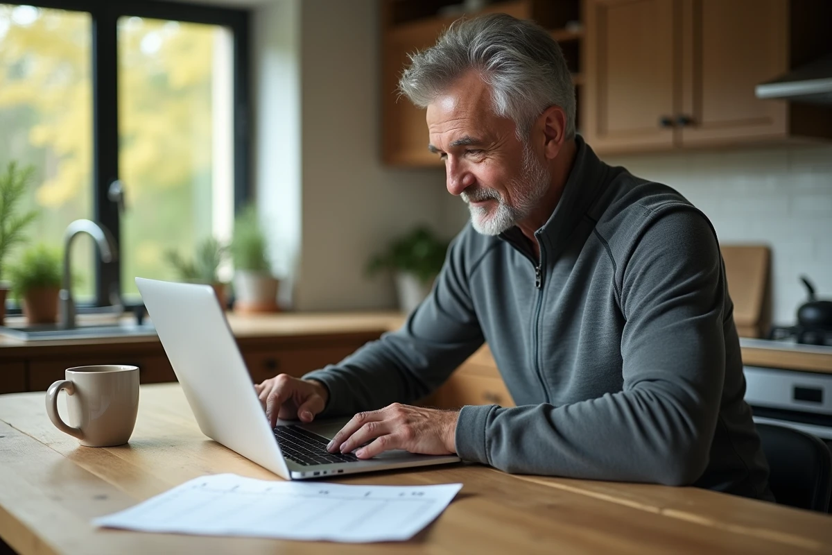 Homme en tenue de sport analysant ses données dans la cuisine