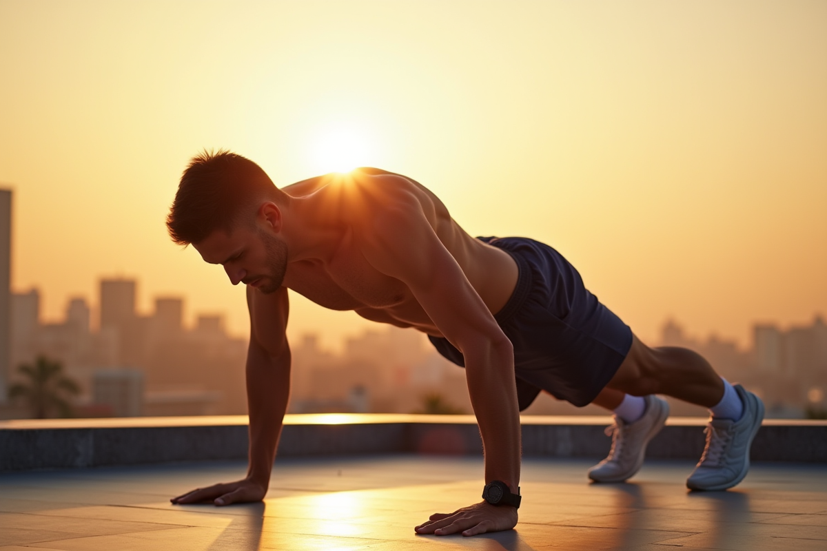 Jeune homme en forme faisant des pompes au lever du soleil sur un toit urbain