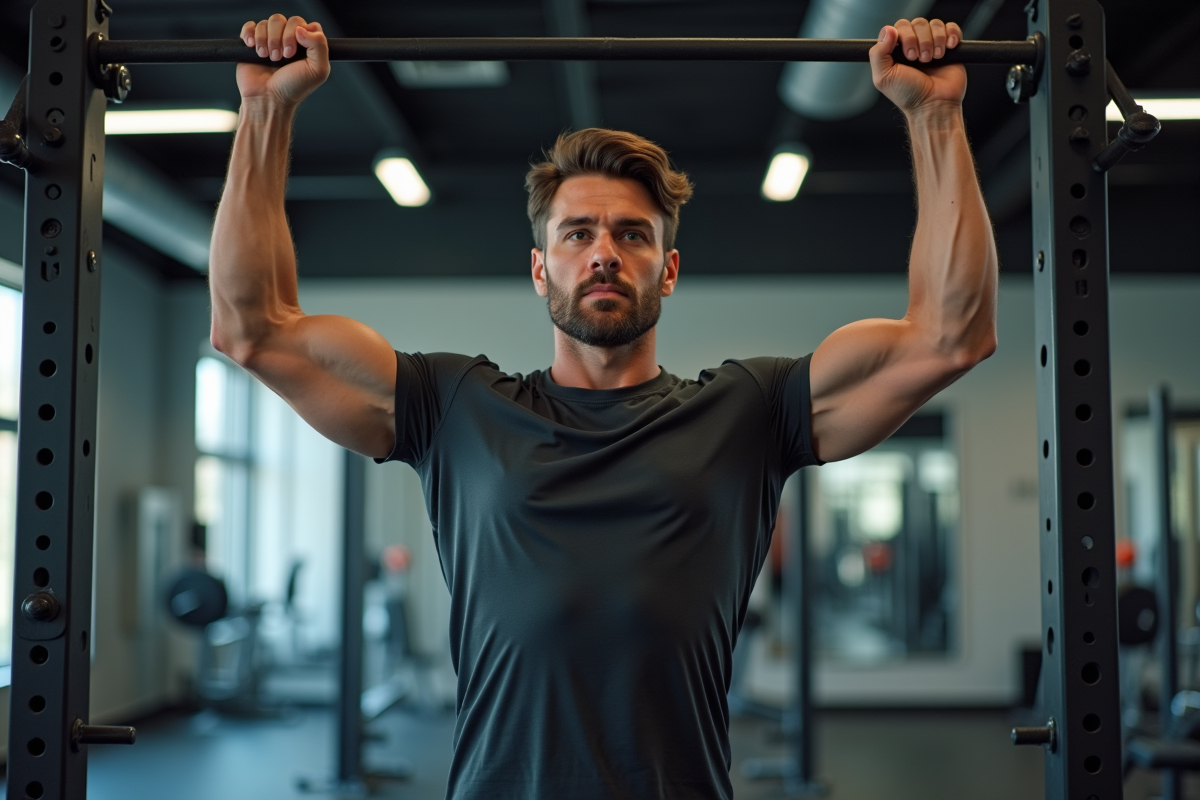 Homme en train de faire une traction en salle de sport