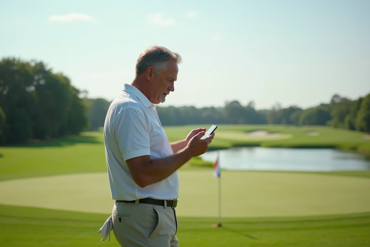 Homme sur un parcours de golf utilisant son smartphone