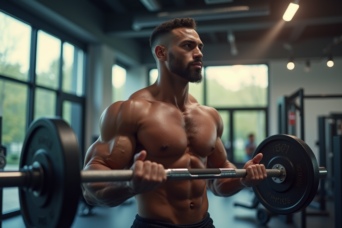 Homme musclé soulevant des poids en salle moderne
