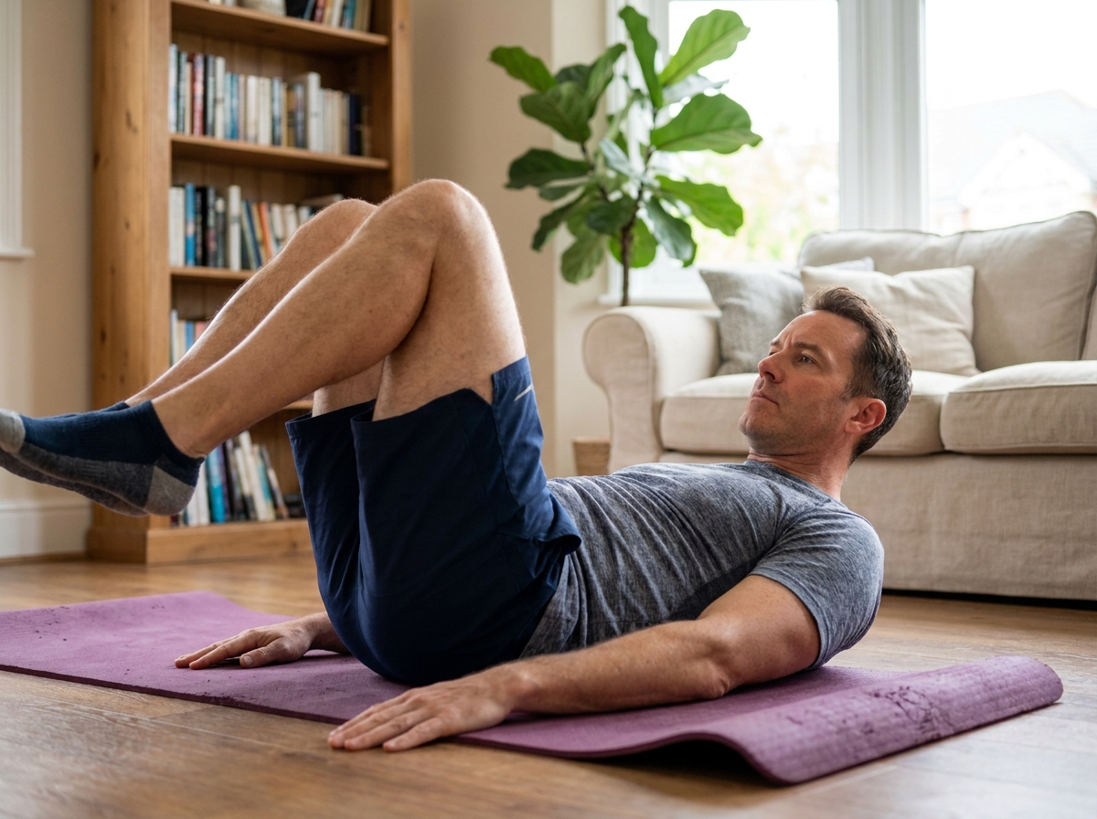 Homme réalisant des exercices de pilates au sol chez lui pendant sa rééducation après une blessure
