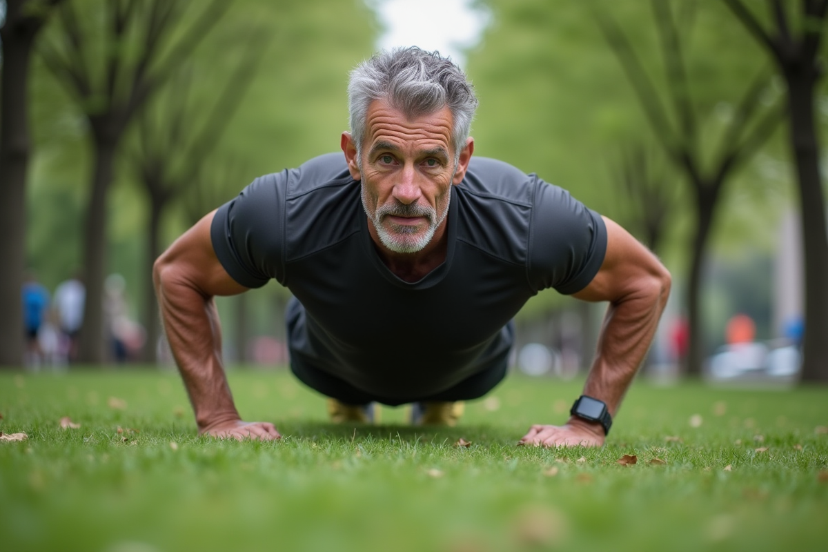 Homme en plank dans un parc urbain en plein effort