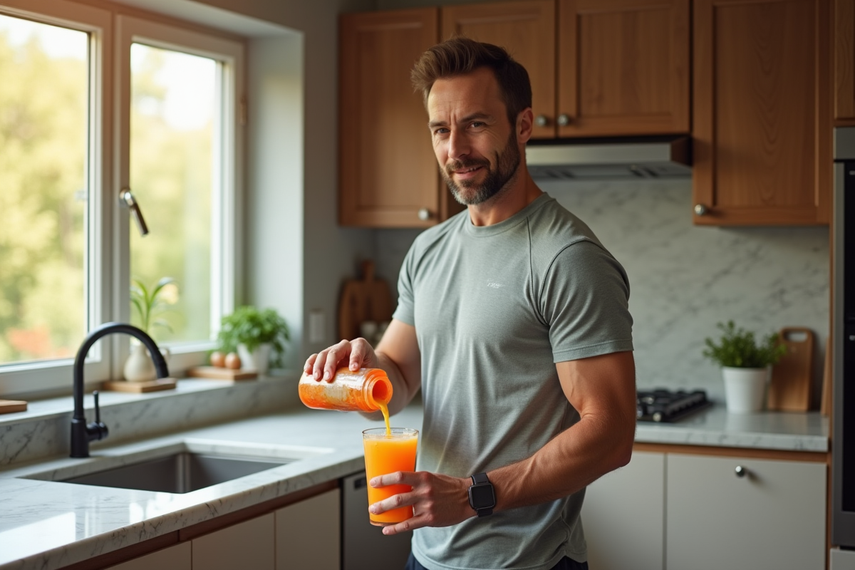 Homme en tenue de sport préparant une boisson dans la cuisine