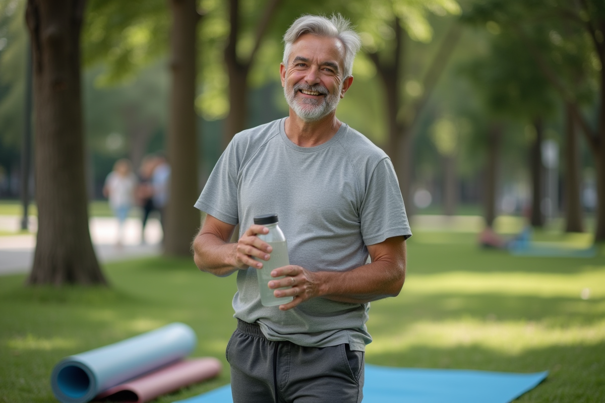 Homme détendu après Pilates dans un parc urbain