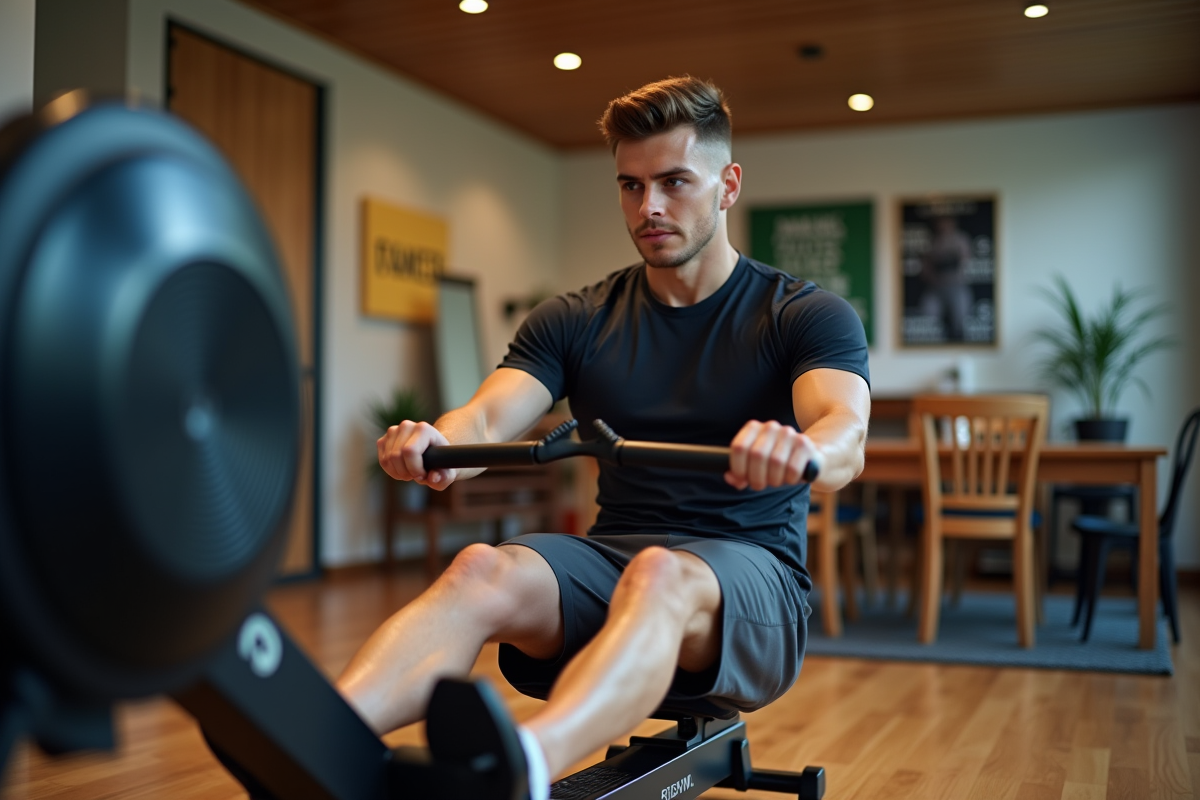 Jeune homme faisant du rameur en salle de sport