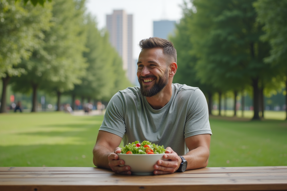 Homme athlétique mangeant une salade en plein air au parc