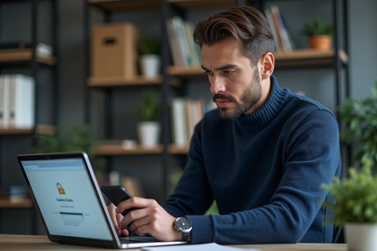 Homme vérifiant ses paramètres de sécurité informatique