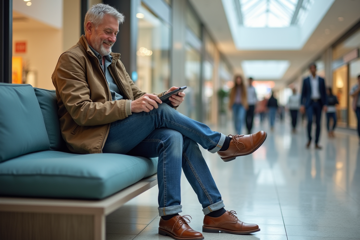 Homme assis dans un centre commercial regardant ses chaussures