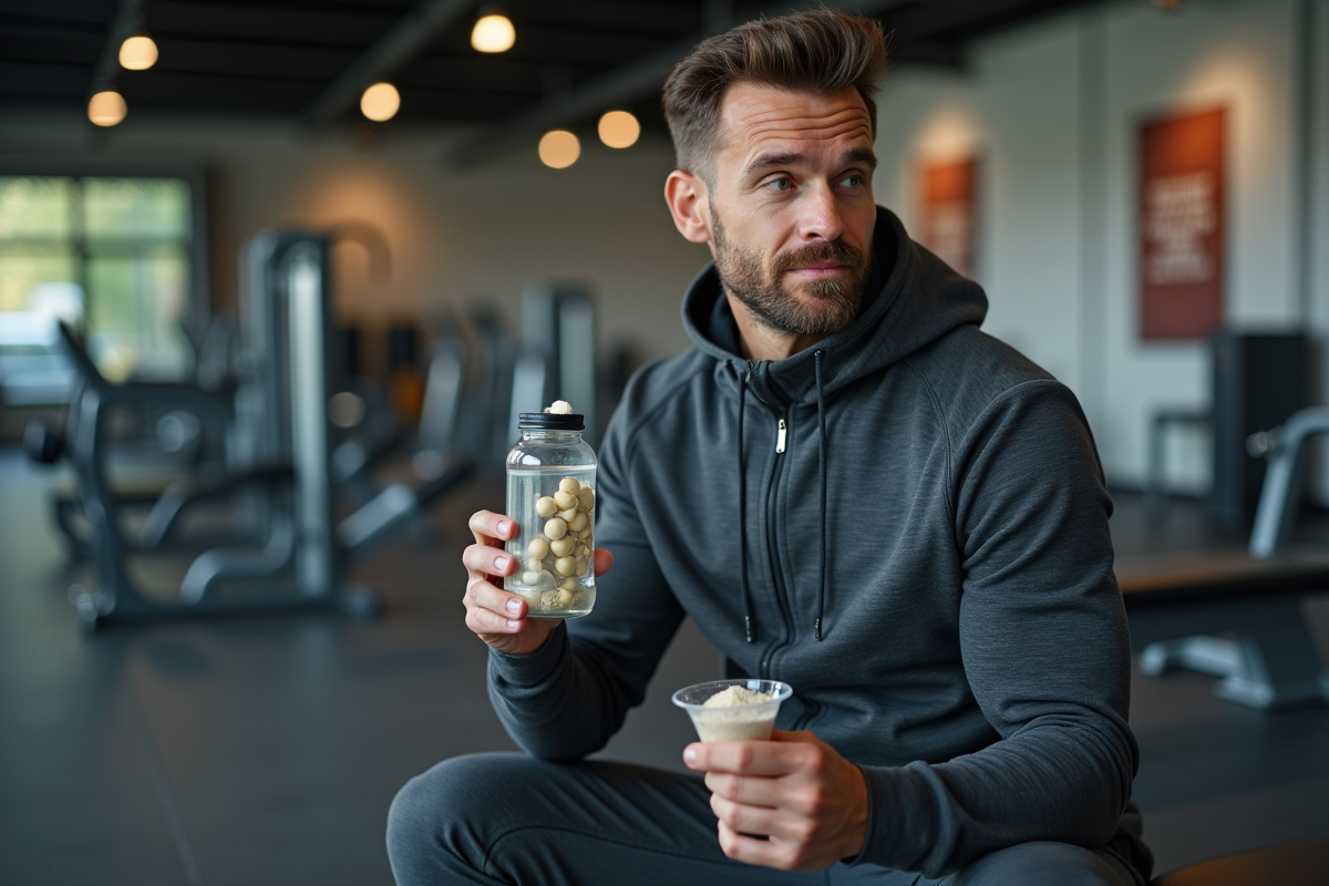 Homme en salle de sport prépare sa routine post-entraînement