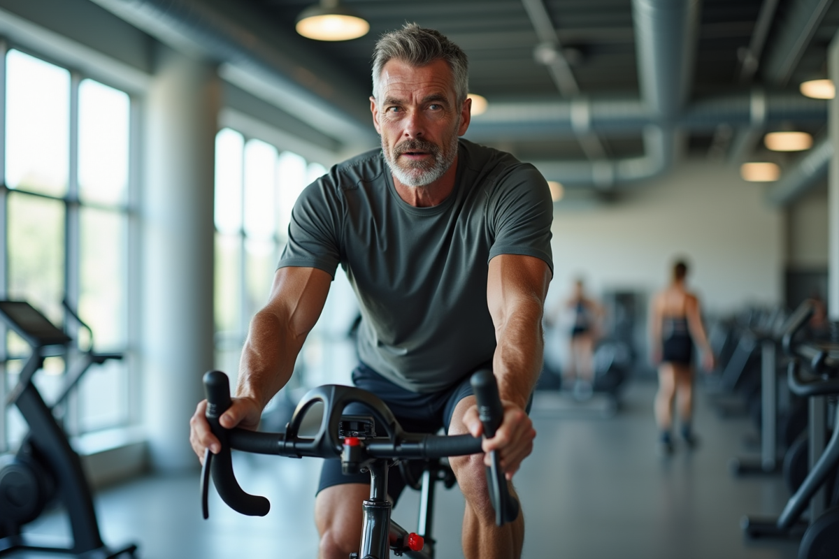 Homme en T-shirt et shorts pédalant dans une salle de sport lumineuse