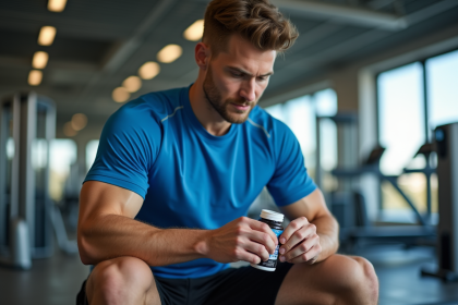 Jeune homme en salle de sport prenant des omega 3