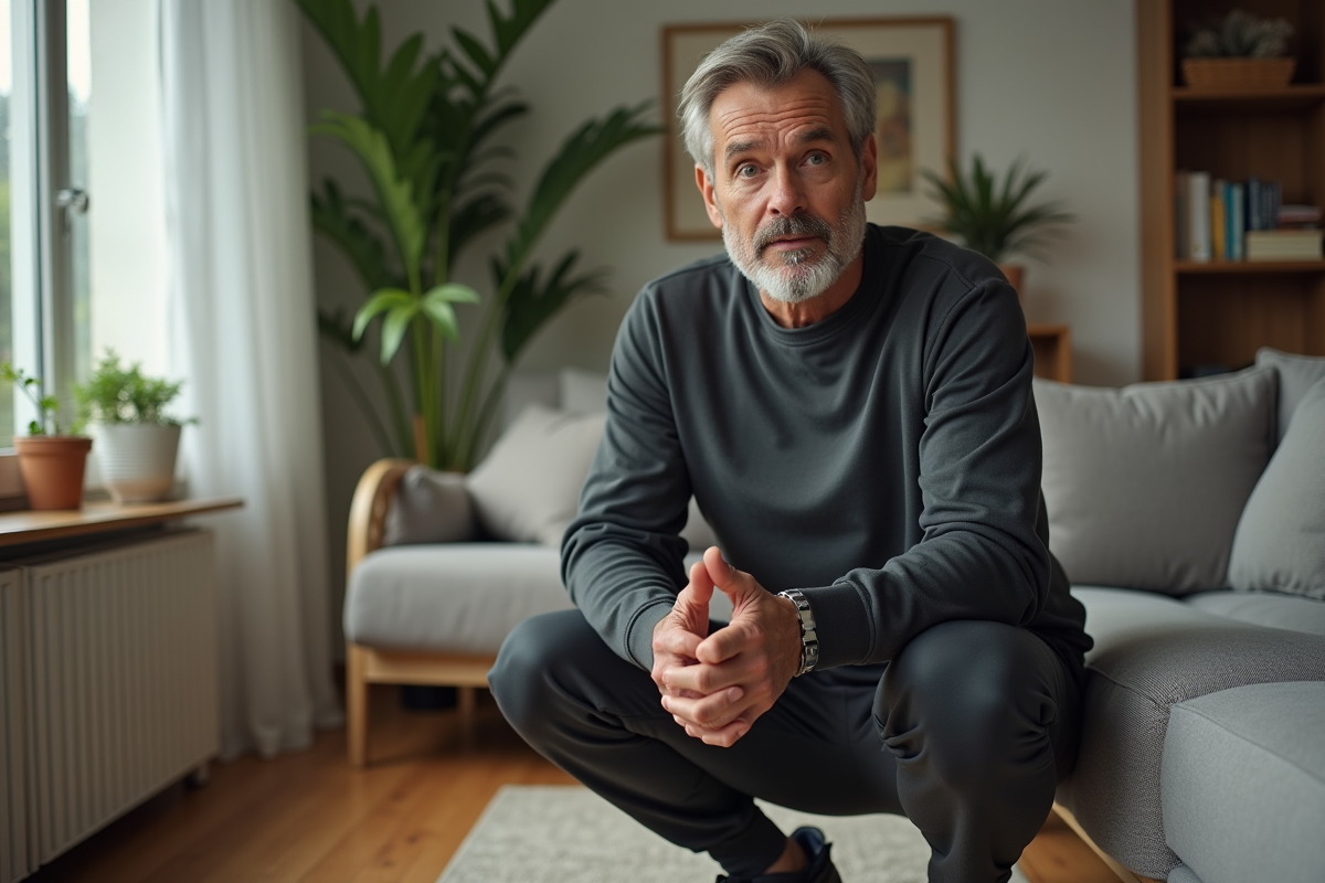 Homme en jogging et sweatshirt hésite à squatter dans son salon