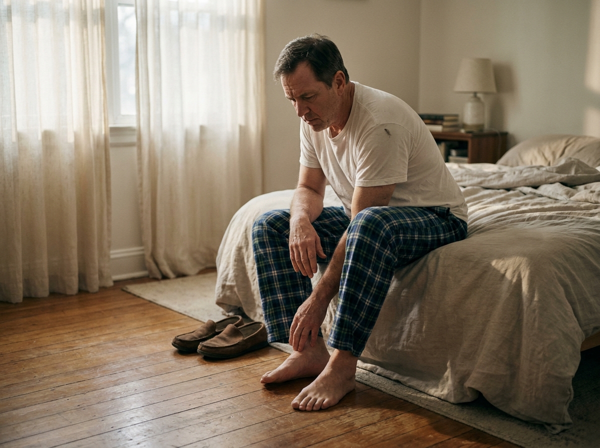 Homme assis au bord du lit le matin avec douleur au talon, premier pas douloureux au réveil