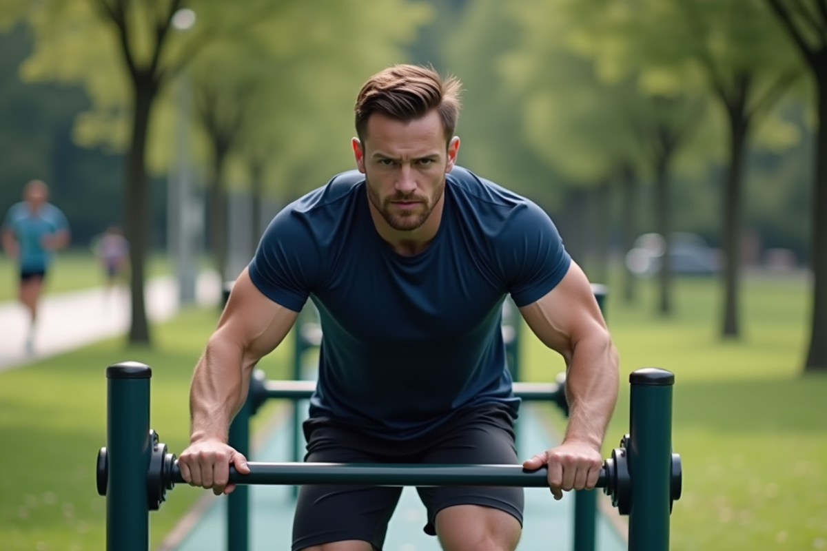 Homme musclé faisant des dips dans un parc extérieur