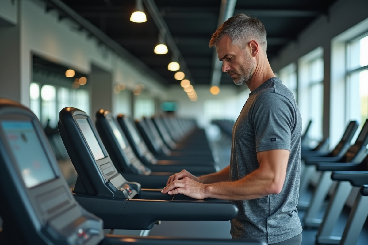 Homme contrôlant la surface d’un tapis de course en salle de sport