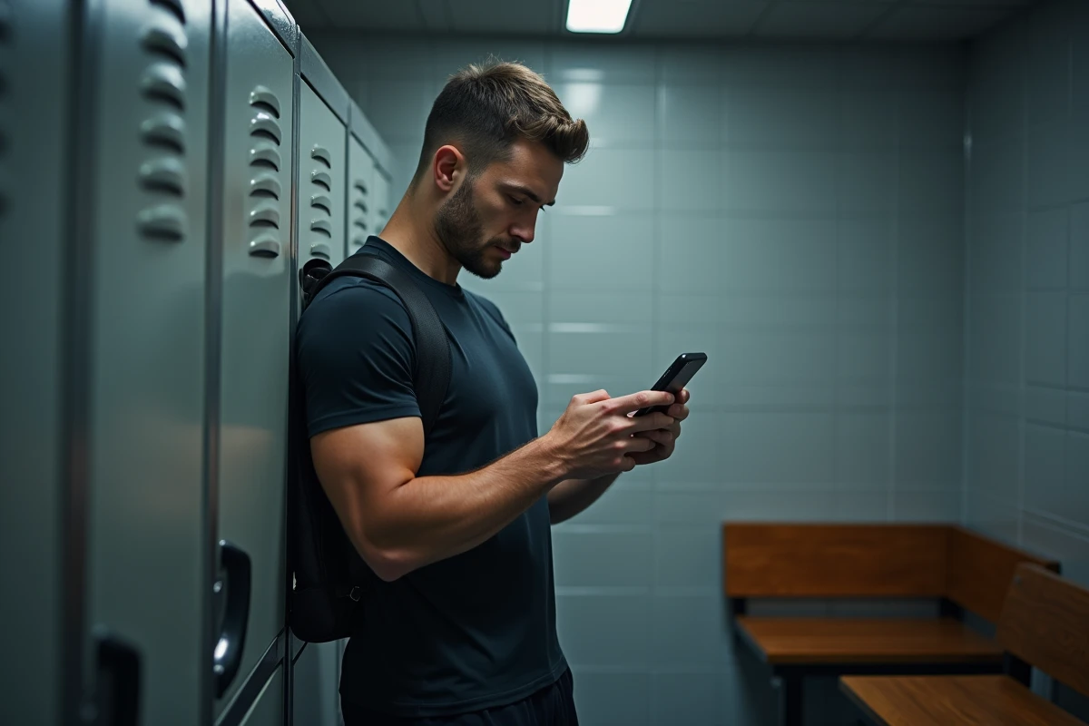 Homme consultant son téléphone dans un vestiaire de salle de sport pour résilier son abonnement en ligne