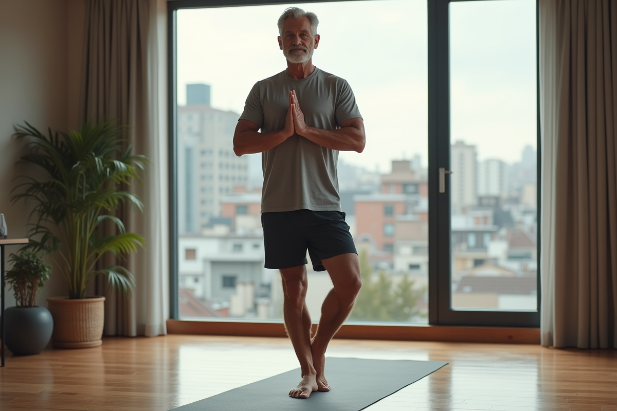 Homme mature en pose de yoga dans un studio moderne