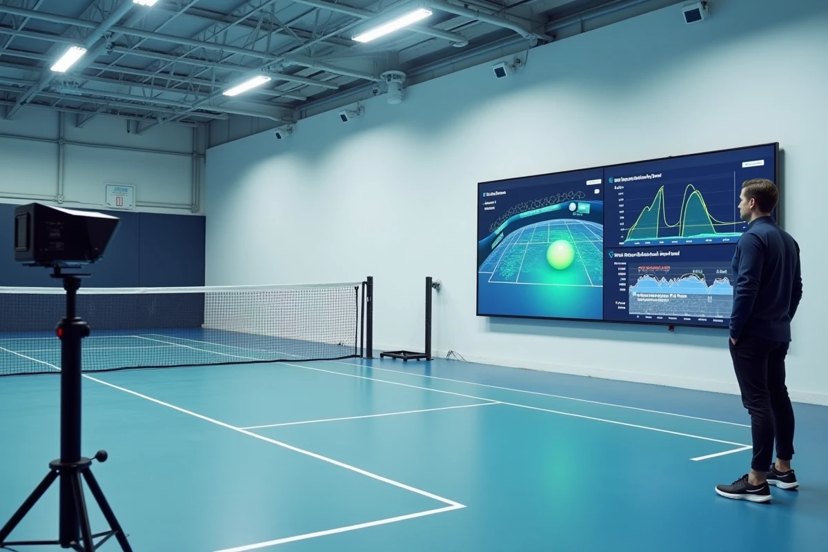 Installation technologique de suivi de balle et d'analyse de données dans un centre d'entraînement de tennis professionnel, illustrant les innovations technologiques dans le tennis