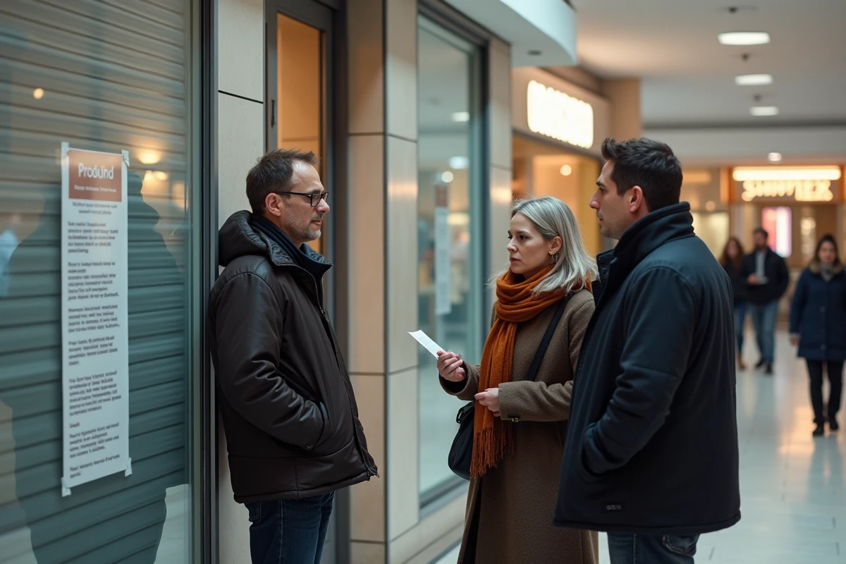 Groupe de clients lisant un avis de fermeture affiché sur la porte vitrée d'un magasin de sport Intersport dans un centre commercial, expressions de surprise et d'inquiétude