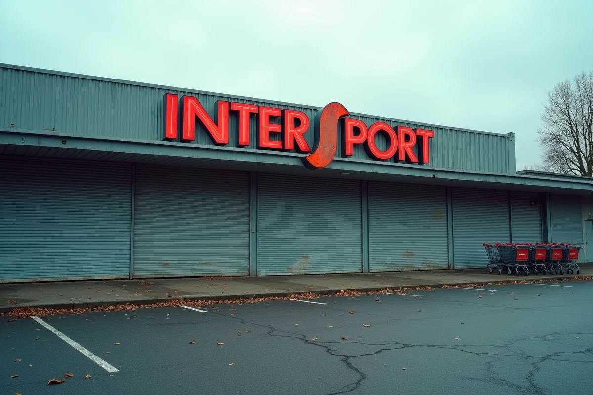 Façade fermée d'un grand magasin de sport Intersport dans une zone commerciale française, volets métalliques baissés et parking vide, ambiance de fermeture définitive